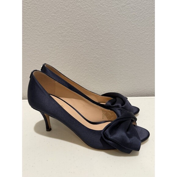 Kate Spade Heels  Size 7.5 Crawford Peep-Toe Bow Pumps Navy Satin - Picture 2 of 9